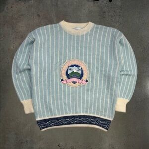 Vintage Back Country Canada Embroidered Mountain Water Geese Striped Pastel Knit